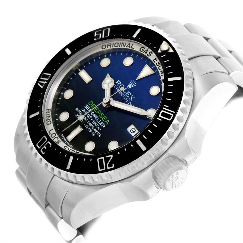 The image shows a Rolex Sea-Dweller 116660 Men's Stainless Steel Blue Dial 116660 Men's Stainless Steel Blue Dial watch at an angled side view, highlighting the face, bezel, and part of the bracelet.