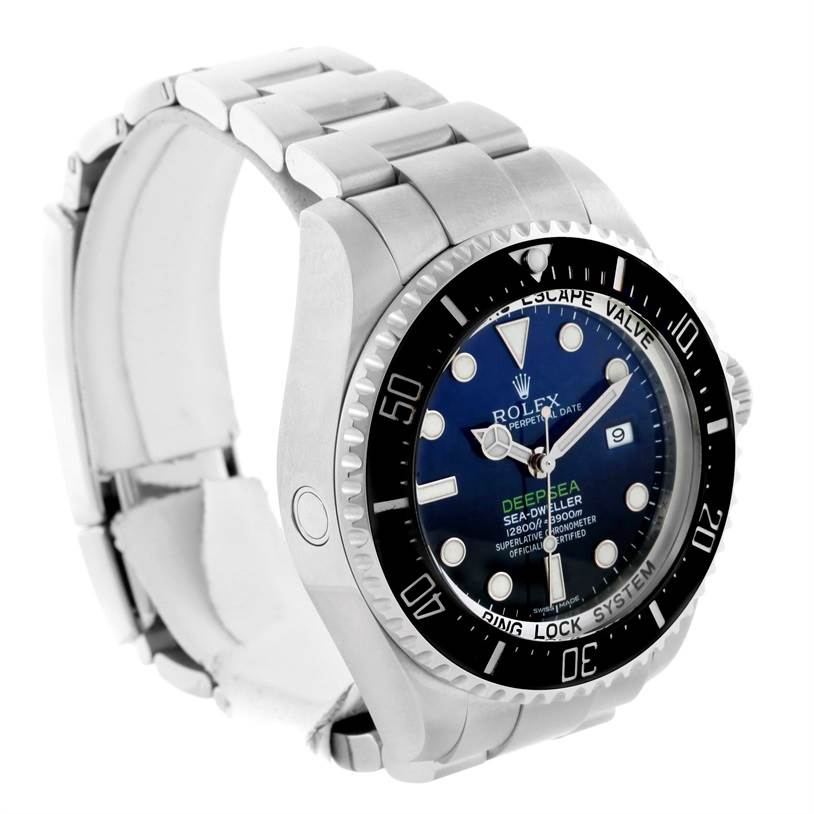 The image shows a side angle of the Rolex Sea-Dweller 116660 Men's Stainless Steel Blue Dial 116660 Men's Stainless Steel Blue Dial watch, highlighting its bezel, dial, and bracelet.