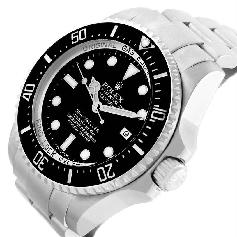 This image shows a Rolex Sea-Dweller 116600 Men's Stainless Steel Black Dial 116600 Men's Stainless Steel Black Dial watch at a left-angle view, displaying its bezel, dial, crown, and part of the bracelet.