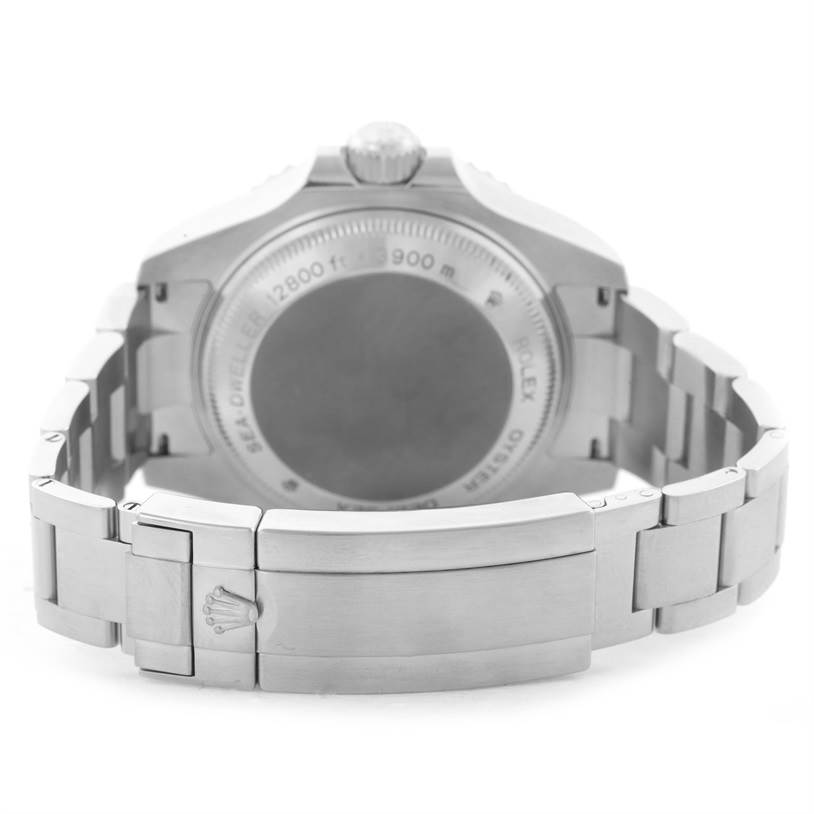 The image shows the back view of a Rolex Sea-Dweller 116600 Men's Stainless Steel Black Dial 116600 Men's Stainless Steel Black Dial watch, highlighting the case back and bracelet clasp.