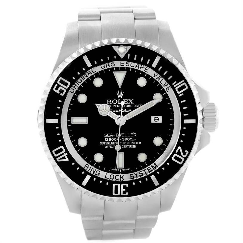 The image shows a front view of the Rolex Sea-Dweller 116600 Men's Stainless Steel Black Dial 116600 Men's Stainless Steel Black Dial watch displaying the dial, bezel, and stainless steel bracelet.