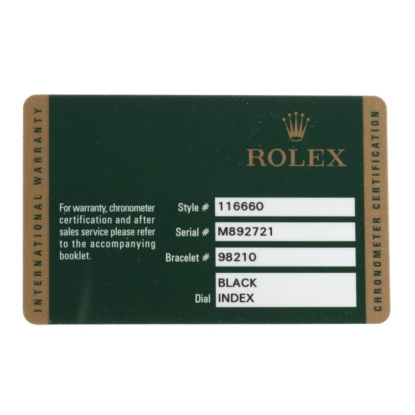 The image shows the International Warranty card for the Rolex Sea-Dweller 116600 Men's Stainless Steel Black Dial 116600 Men's Stainless Steel Black Dial model 116660.