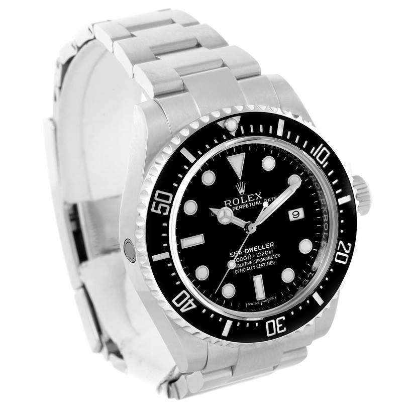 This image shows a Rolex Sea-Dweller 116600 Men's Stainless Steel Black Dial 116600 Men's Stainless Steel Black Dial watch at a left-side angle, highlighting its bezel, dial, and bracelet.