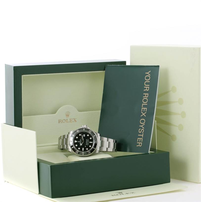 The image shows a Rolex Sea-Dweller 116600 Men's Stainless Steel Black Dial 116600 Men's Stainless Steel Black Dial watch at a front angle, displayed in its box with accompanying documentation.