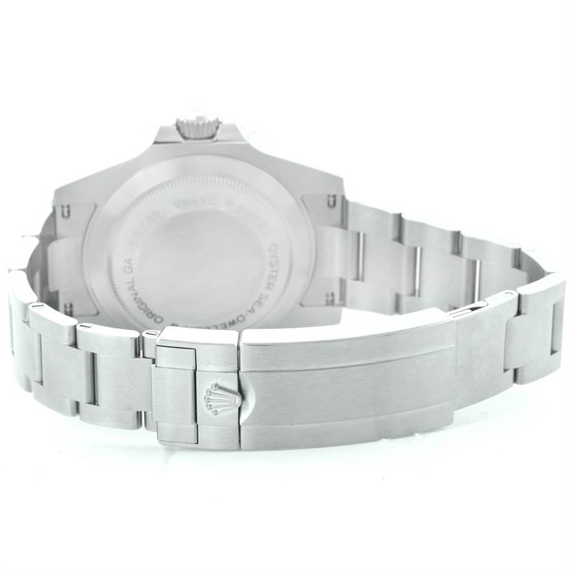 The image shows the back case and bracelet clasp of a Rolex Sea-Dweller 116600 Men's Stainless Steel Black Dial 116600 Men's Stainless Steel Black Dial watch in a laid-flat angle.