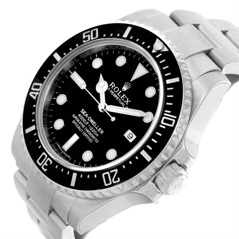 This image shows a close-up angled view of the Rolex Sea-Dweller 116600 Men's Stainless Steel Black Dial 116600 Men's Stainless Steel Black Dial watch, highlighting its bezel, dial, and bracelet.