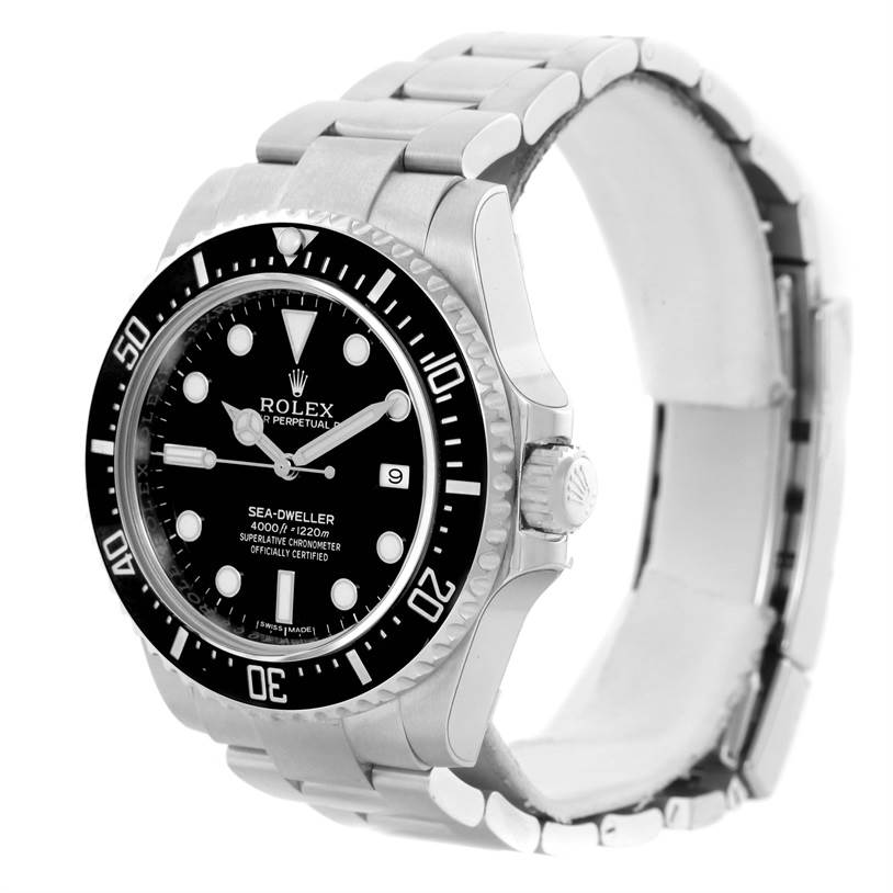 The image shows a front angled view of the Rolex Sea-Dweller 116600 Men's Stainless Steel Black Dial 116600 Men's Stainless Steel Black Dial, highlighting the dial, bezel, and part of the bracelet.