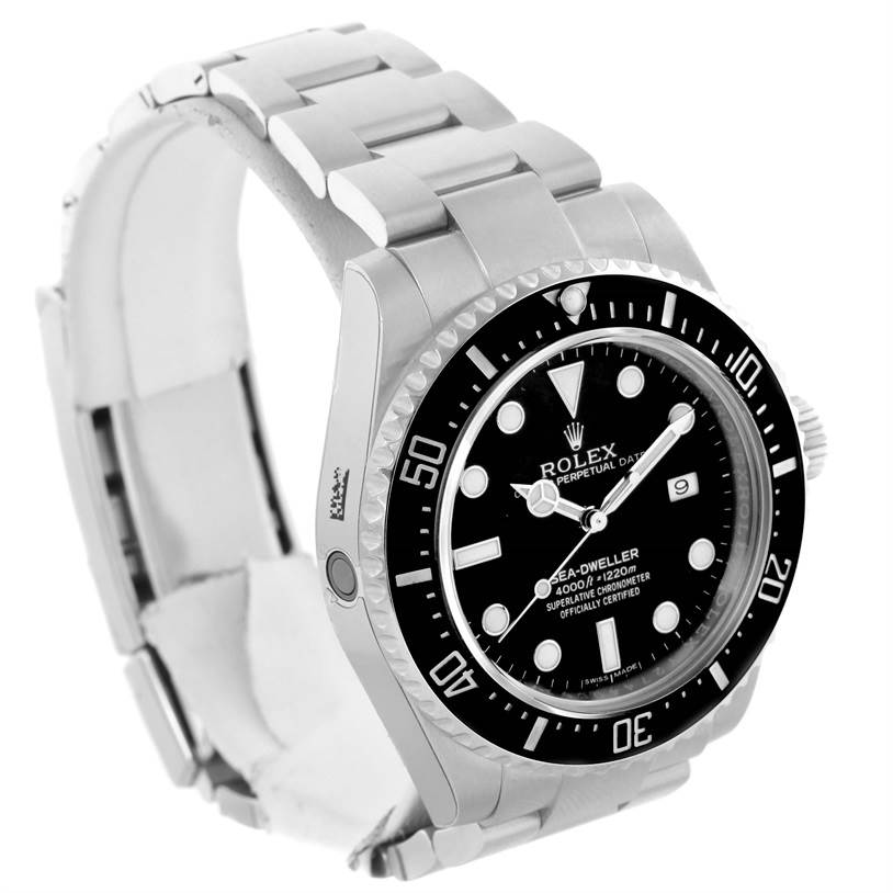 The image shows a Rolex Sea-Dweller 116600 Men's Stainless Steel Black Dial 116600 Men's Stainless Steel Black Dial watch from an angled side view, highlighting the face, bezel, and bracelet.