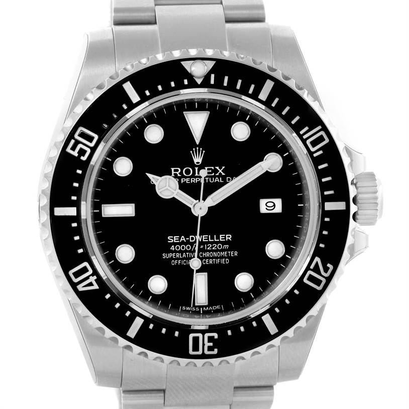 The image shows a front view of the Rolex Sea-Dweller 116600 Men's Stainless Steel Black Dial 116600 Men's Stainless Steel Black Dial watch, highlighting its bezel, dial, and bracelet.