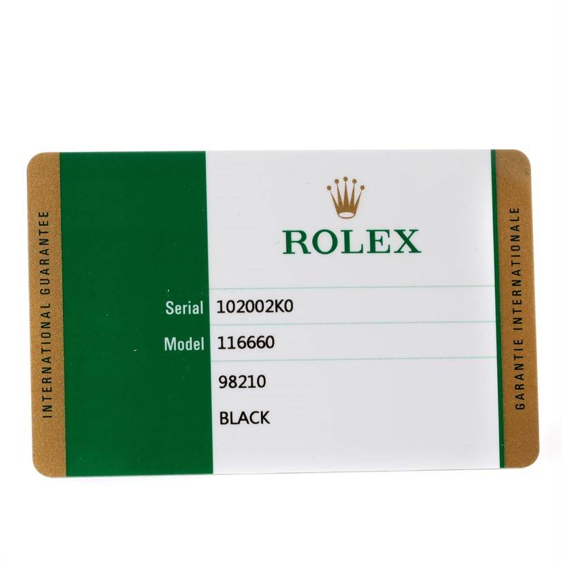 This image shows the international guarantee card for a Rolex Sea-Dweller 116660 Men's Stainless Steel Black Dial 116660 Men's Stainless Steel Black Dial model 116660.