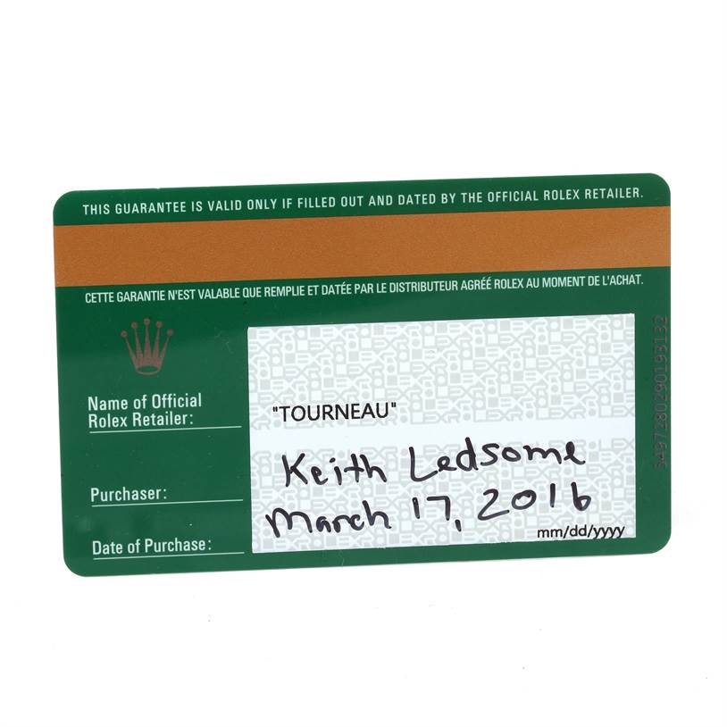 This is a warranty card for a Sea-Dweller model by Rolex, showing the retailer, purchaser, and date of purchase.