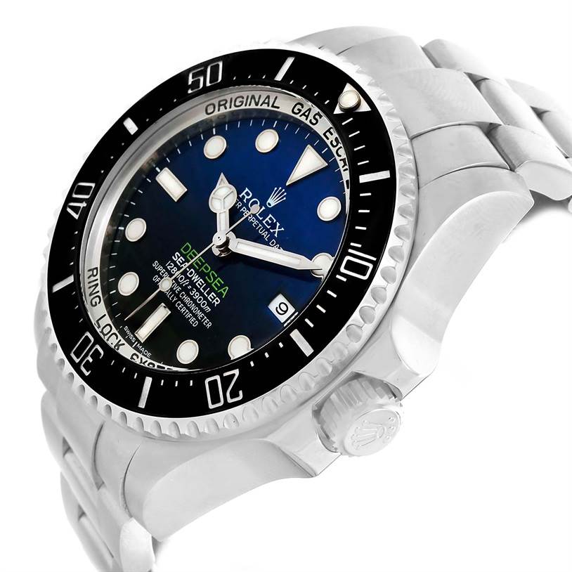 The image shows a close-up angled view of the Rolex Sea-Dweller 116660 Men
s Stainless Steel Blue Dial 116660 Men
s Stainless Steel Blue Dial watch featuring the face, bezel, crown, and part of the bracelet.