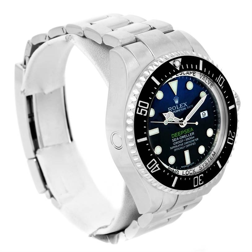 The image shows a Rolex Sea-Dweller 116660 Men
s Stainless Steel Blue Dial 116660 Men
s Stainless Steel Blue Dial watch at an angled view, highlighting the dial, bezel, and bracelet.