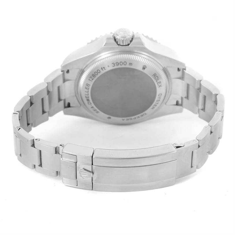 The image shows the back and clasp of the Rolex Sea-Dweller 116660 Men
s Stainless Steel Blue Dial 116660 Men
s Stainless Steel Blue Dial watch, featuring its bracelet and case back.