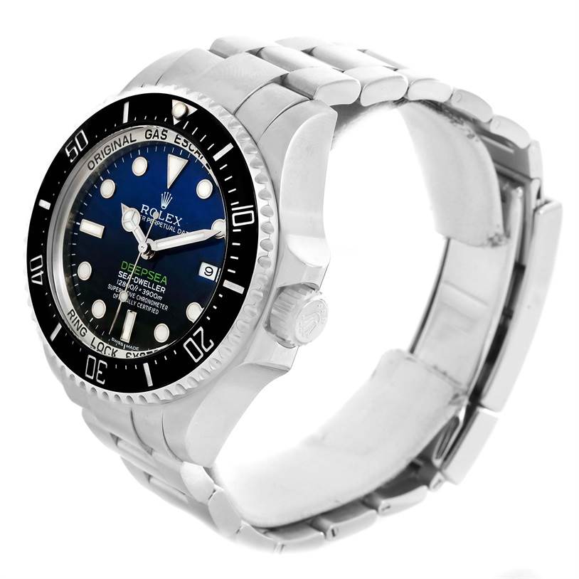 This image shows a side angle of a Rolex Sea-Dweller 116660 Men
s Stainless Steel Blue Dial 116660 Men
s Stainless Steel Blue Dial watch, highlighting the face dial, bezel, crown, and bracelet.