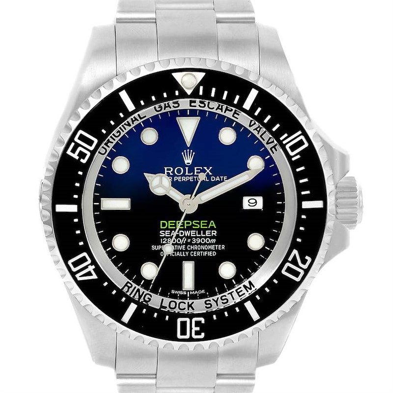 This image shows a front view of a Rolex Sea-Dweller Deepsea watch, displaying its dial, bezel, and bracelet.