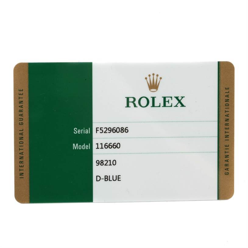 This image shows a Rolex International Guarantee card for a Sea-Dweller model 116660 watch.