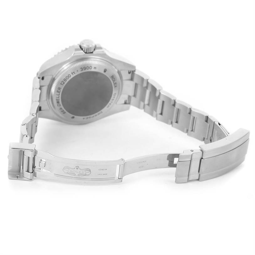 The image shows the back view of the Rolex Sea-Dweller 116660 Men
s Stainless Steel Blue Dial 116660 Men
s Stainless Steel Blue Dial watch, including the case back and partially opened clasp.