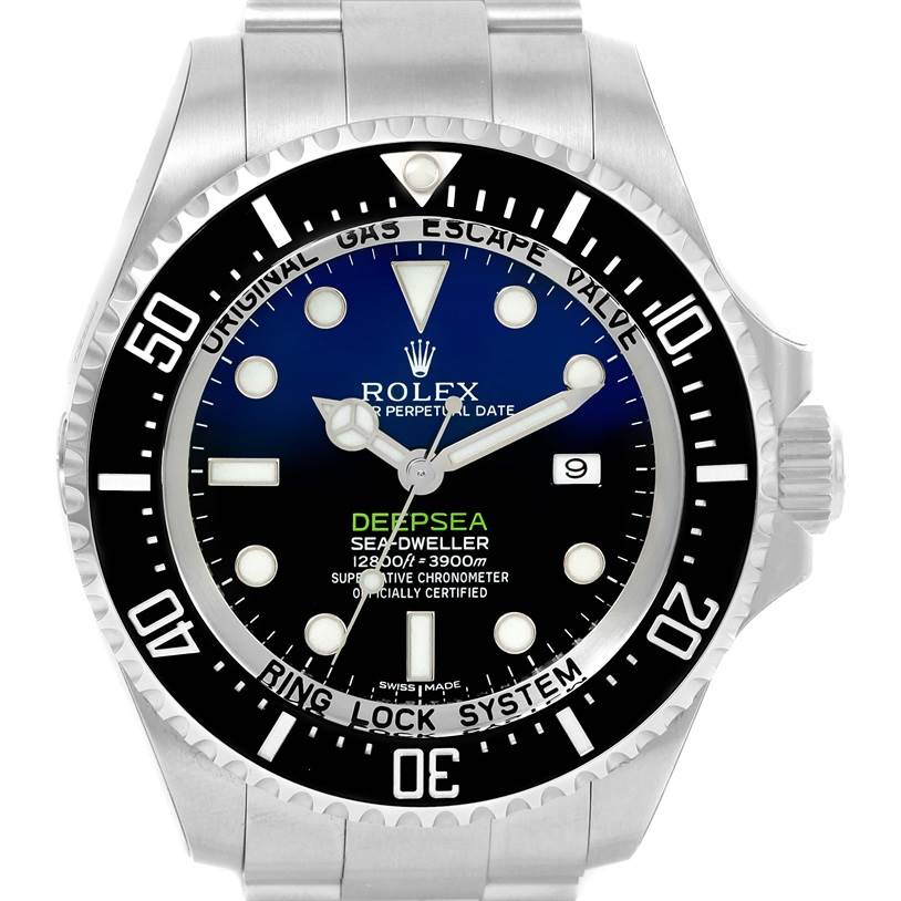 This image shows a front view of a Rolex Sea-Dweller 116660 Men's Stainless Steel Blue Dial 116660 Men's Stainless Steel Blue Dial watch, highlighting the dial, bezel, hands, and part of the bracelet.