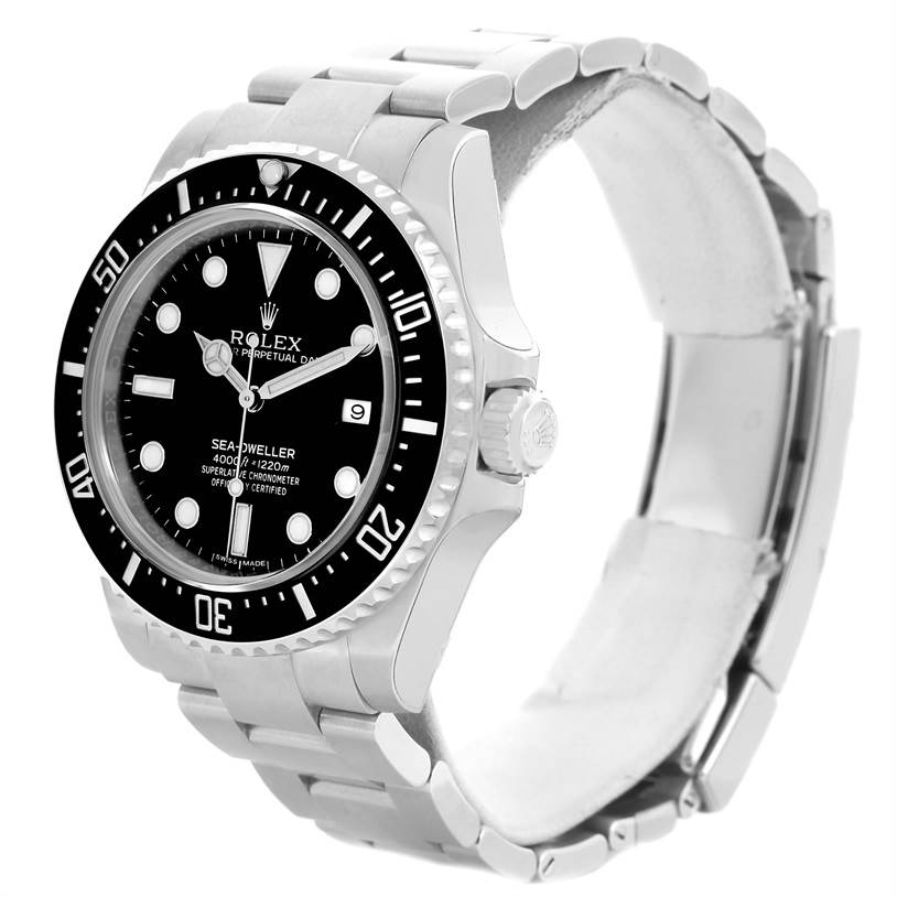 This image shows a side angle of the Rolex Sea-Dweller 116600 Men's Stainless Steel Black Dial 116600 Men's Stainless Steel Black Dial watch, highlighting the bezel, crown, dial, and bracelet.