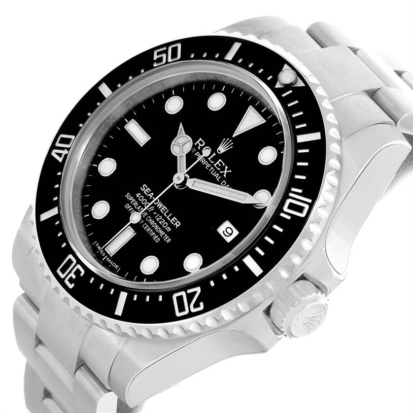 This image shows a close-up angle of the dial, bezel, and a portion of the bracelet of a Rolex Sea-Dweller 116600 Men's Stainless Steel Black Dial 116600 Men's Stainless Steel Black Dial watch.