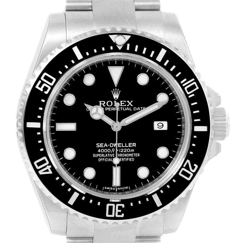 This image shows a frontal view of the Rolex Sea-Dweller 116600 Men's Stainless Steel Black Dial 116600 Men's Stainless Steel Black Dial watch, displaying its dial, bezel, and part of the bracelet.