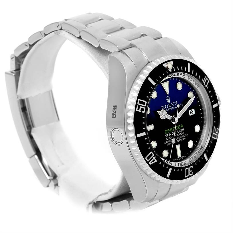 The image shows a side angle of a Rolex Sea-Dweller 116660 Men's Stainless Steel Blue Dial 116660 Men's Stainless Steel Blue Dial watch, highlighting the face and band.