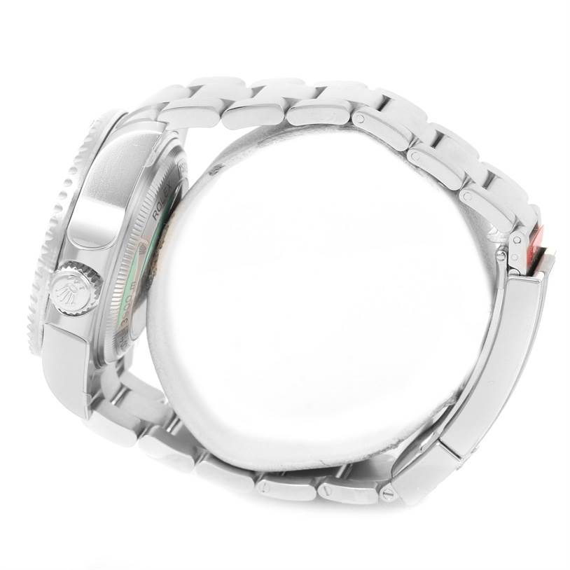 This image shows a side view of the Rolex Sea-Dweller 116660 Men's Stainless Steel Blue Dial 116660 Men's Stainless Steel Blue Dial watch, highlighting the case, crown, and bracelet.