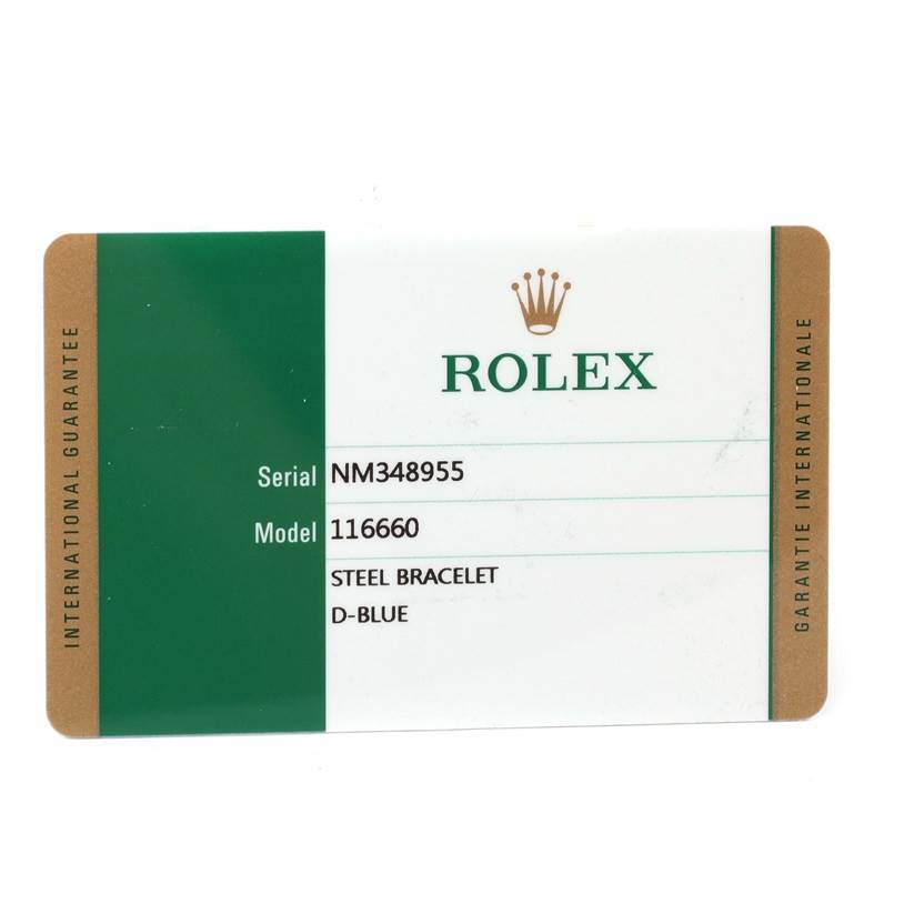 A warranty card for the Rolex Sea-Dweller 116660 Men's Stainless Steel Blue Dial 116660 Men's Stainless Steel Blue Dial model 116660 with a steel bracelet and D-Blue dial.