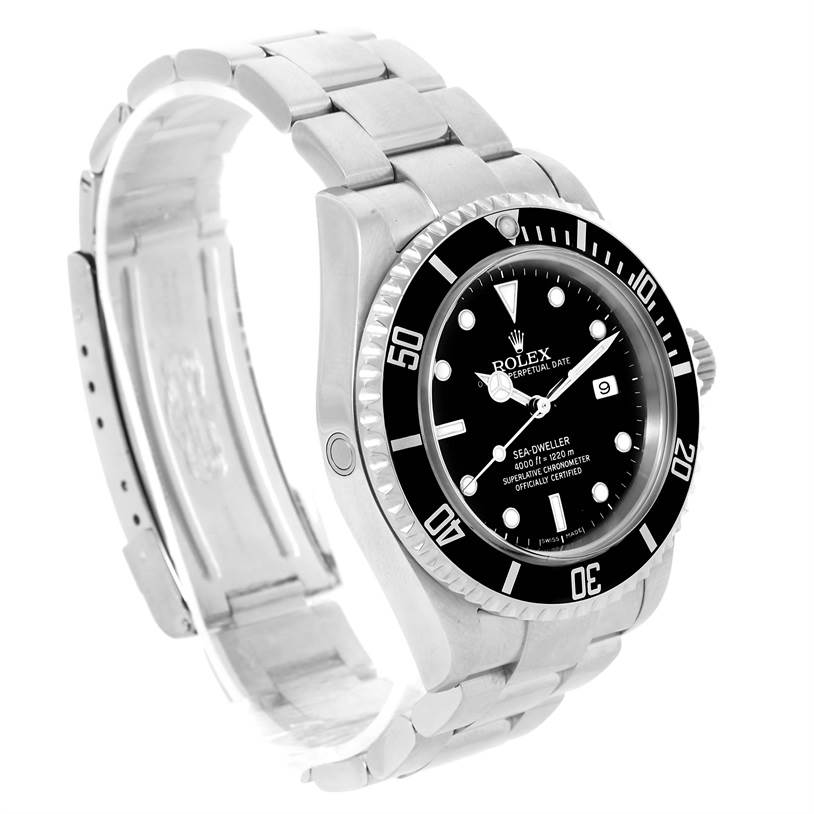 This image shows a side and front angle of the Rolex Sea-Dweller 16600 Men's Stainless Steel Black Dial 16600 Men's Stainless Steel Black Dial watch, highlighting its dial, bezel, and bracelet.