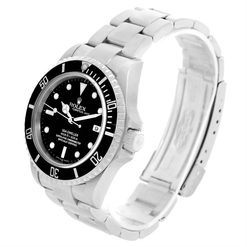 The Rolex Sea-Dweller 16600 Men's Stainless Steel Black Dial 16600 Men's Stainless Steel Black Dial watch is shown at a three-quarter angle, displaying the face, bezel, and bracelet.