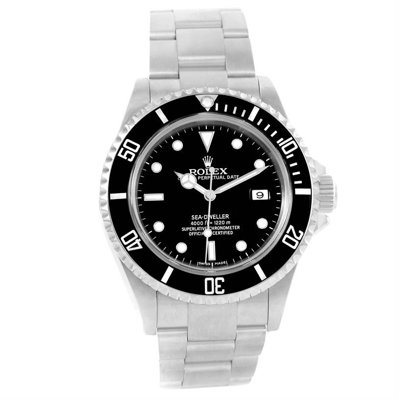 This image shows a front view of the Rolex Sea-Dweller 16600 Men's Stainless Steel Black Dial 16600 Men's Stainless Steel Black Dial watch, highlighting its dial, bezel, and bracelet.