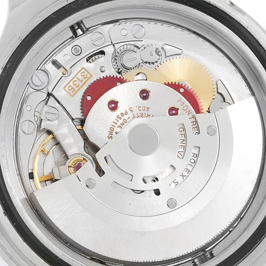 This image shows the internal movement and components of a Rolex Sea-Dweller 16600 Men
s Stainless Steel Black Dial 16600 Men
s Stainless Steel Black Dial watch from a close-up angle.