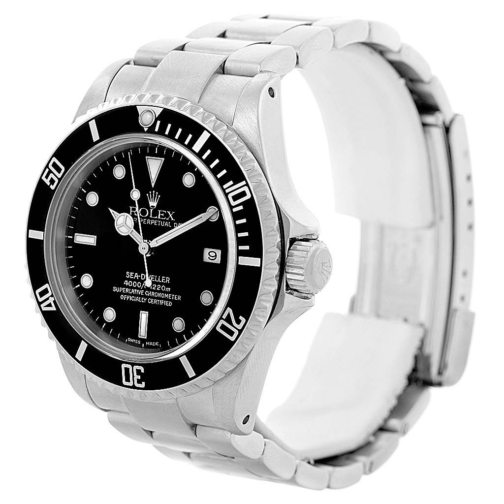 The image shows a Rolex Sea-Dweller 16600 Men
s Stainless Steel Black Dial 16600 Men
s Stainless Steel Black Dial watch from a three-quarter angle, highlighting the dial, bezel, crown, and bracelet.