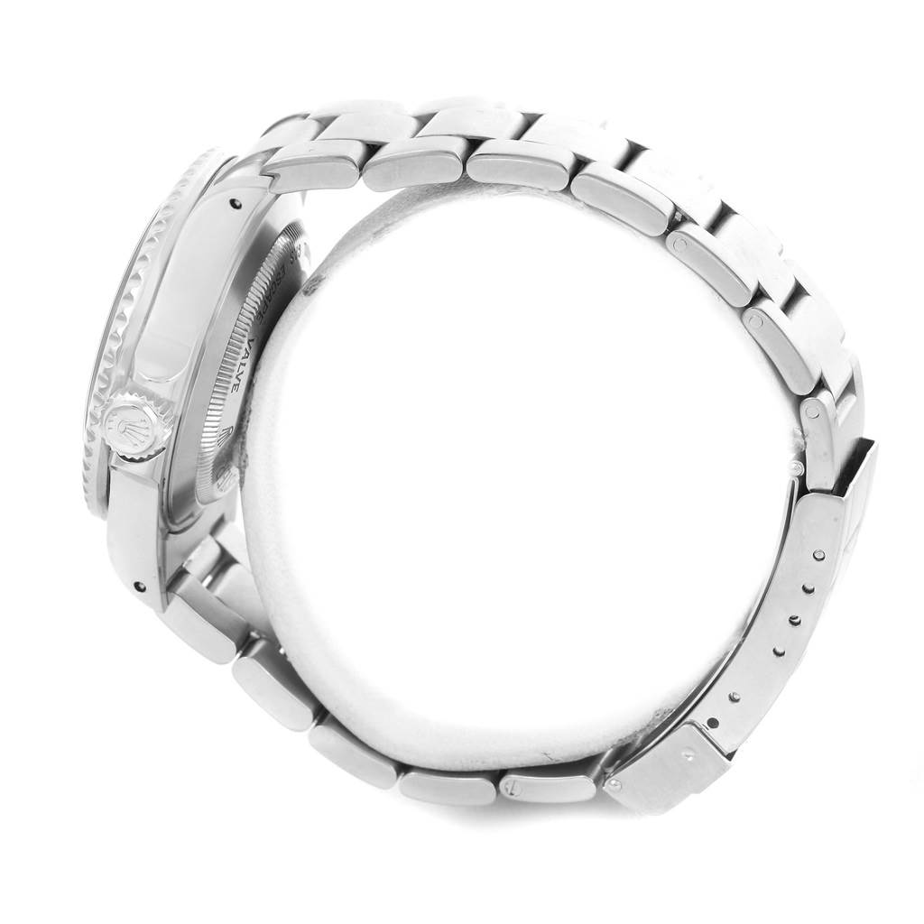 The image shows a side view of the Rolex Sea-Dweller 16600 Men
s Stainless Steel Black Dial 16600 Men
s Stainless Steel Black Dial watch, highlighting its case, crown, and bracelet.