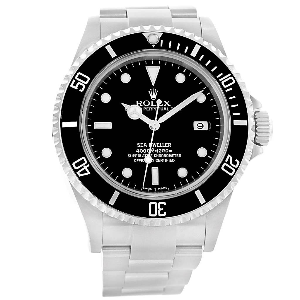 The image shows a front view of the Rolex Sea-Dweller 16600 Men
s Stainless Steel Black Dial 16600 Men
s Stainless Steel Black Dial watch, displaying its dial, bezel, and bracelet.