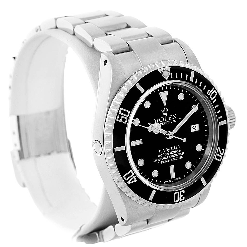 The image shows a Rolex Sea-Dweller 16600 Men
s Stainless Steel Black Dial 16600 Men
s Stainless Steel Black Dial watch from an angle that captures the face, bezel, and bracelet.