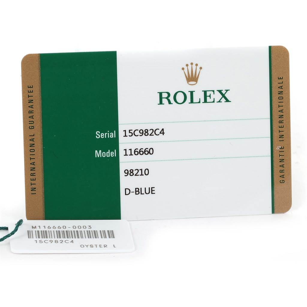 This image shows the warranty card for the Rolex Sea-Dweller 116660 Men
s Stainless Steel Blue Dial 116660 Men
s Stainless Steel Blue Dial model 116660, displaying serial numbers and model specifications.