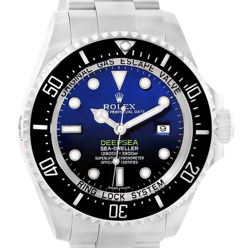 This image shows a frontal view of the Rolex Sea-Dweller Deepsea watch, highlighting the dial, bezel, and bracelet.