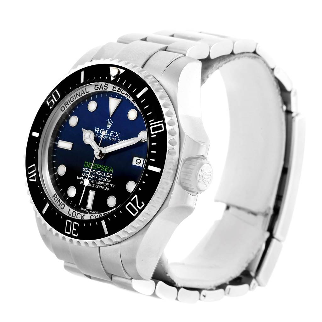 This image shows a Rolex Sea-Dweller 116660 Men's Stainless Steel Blue Dial 116660 Men's Stainless Steel Blue Dial watch from a front-left angle, displaying the face, bezel, crown, and partial bracelet.