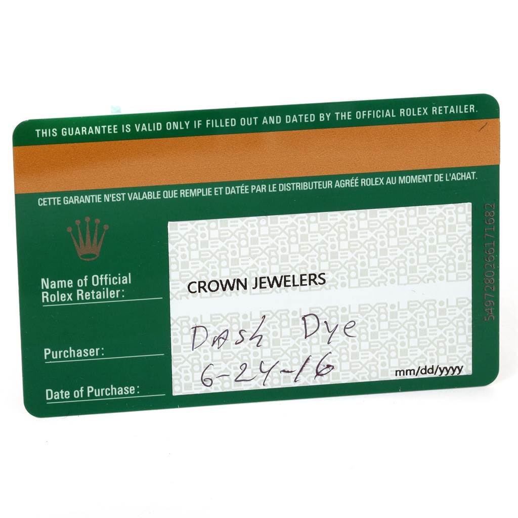 The image shows the warranty card for the Rolex Sea-Dweller 116660 Men's Stainless Steel Blue Dial 116660 Men's Stainless Steel Blue Dial model.