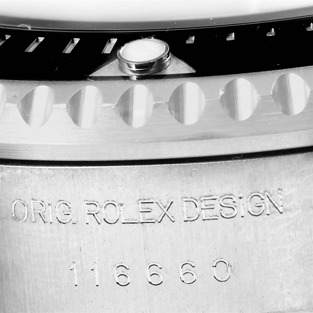 This image shows a close-up of the bezel and case, along with the engraved model number of the Rolex Sea-Dweller 116660 Men's Stainless Steel Blue Dial 116660 Men's Stainless Steel Blue Dial.