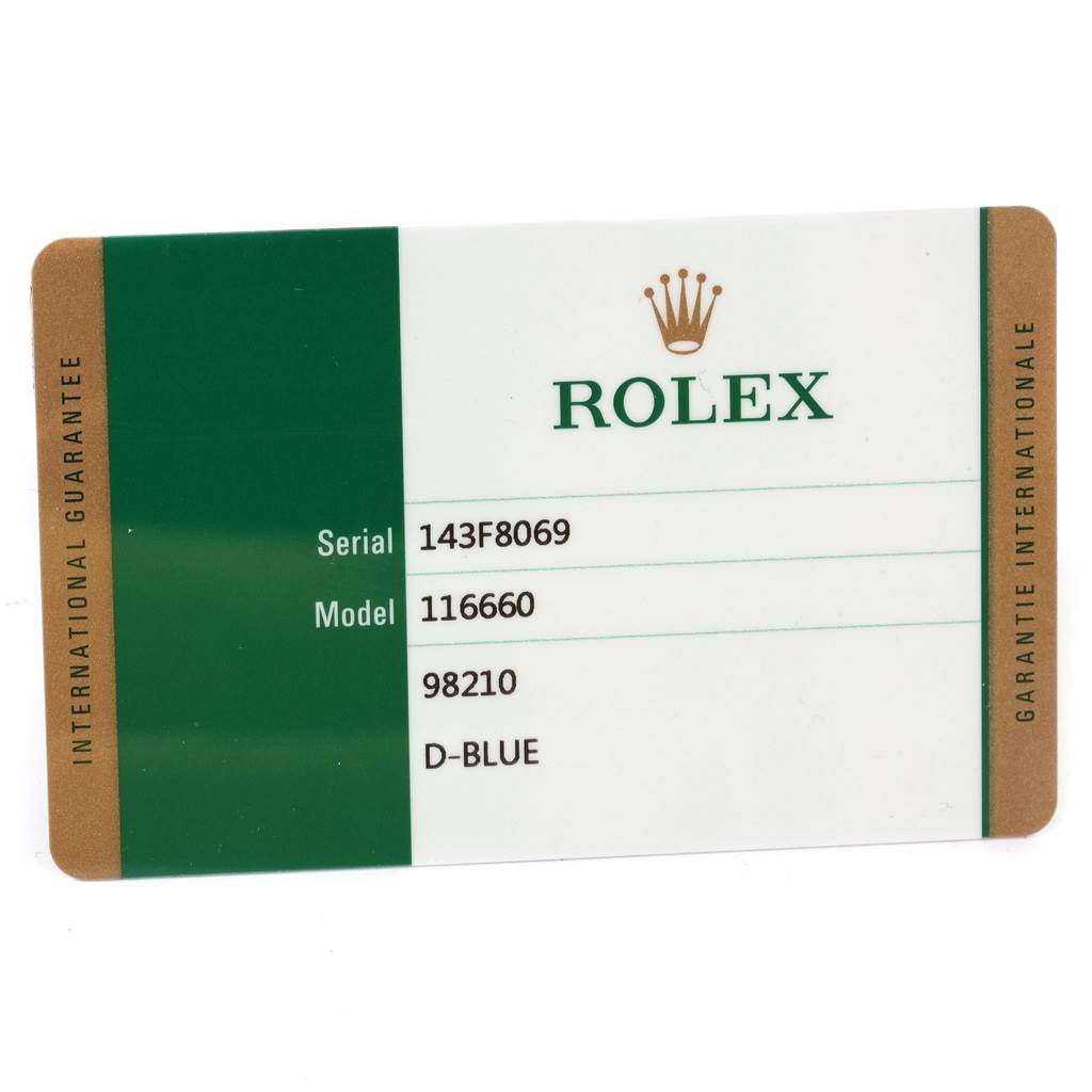 The image shows a Rolex Sea-Dweller 116660 Men's Stainless Steel Blue Dial 116660 Men's Stainless Steel Blue Dial model 116660 serial card from a slightly angled top view.