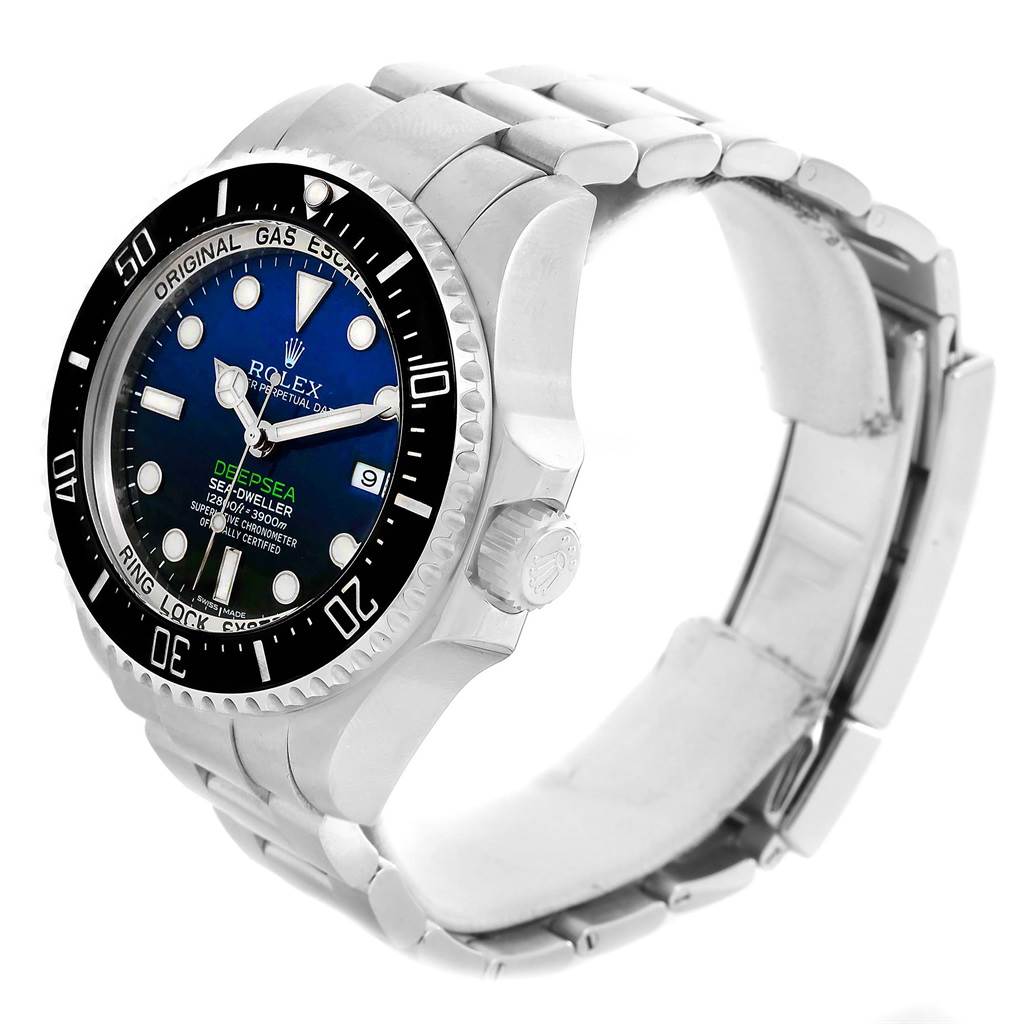 The image shows a Rolex Sea-Dweller 116660 Men's Stainless Steel Blue Dial 116660 Men's Stainless Steel Blue Dial watch from a side angle, displaying its bezel, crown, bracelet, and dial.
