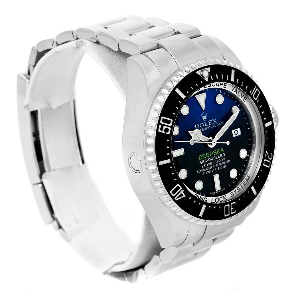 This image shows a Rolex Sea-Dweller 116660 Men's Stainless Steel Blue Dial 116660 Men's Stainless Steel Blue Dial watch at a three-quarter angle, highlighting its face, bezel, and part of the bracelet.