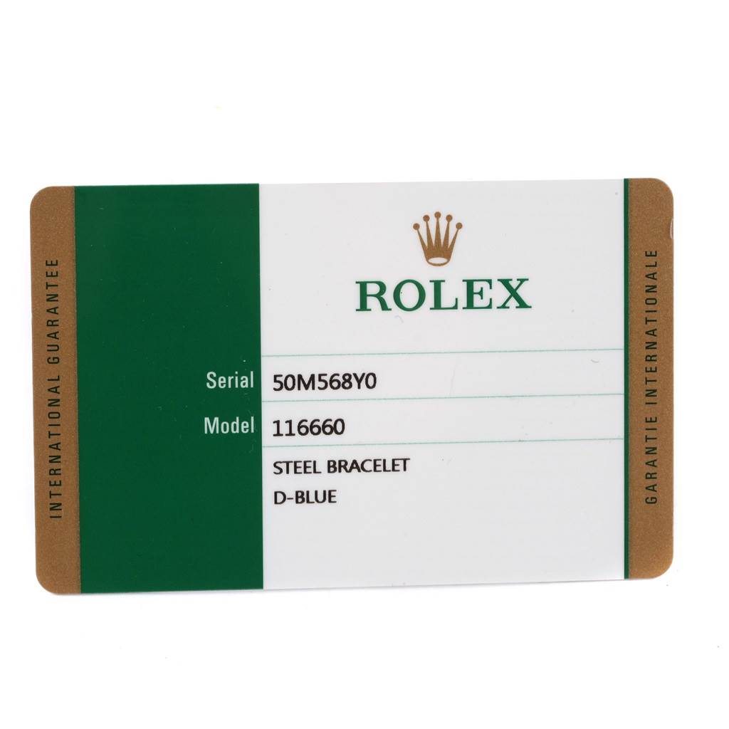 The image shows an international guarantee card for a Rolex Sea-Dweller 116660 Men's Stainless Steel Blue Dial 116660 Men's Stainless Steel Blue Dial model 116660 with a serial number 50M568Y0.