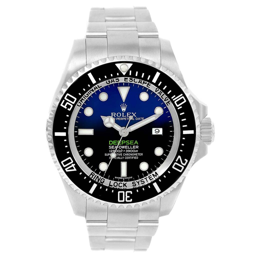 The Rolex Sea-Dweller 116660 Men's Stainless Steel Blue Dial 116660 Men's Stainless Steel Blue Dial watch is shown from a front angle, displaying the face, bezel, and part of the bracelet.