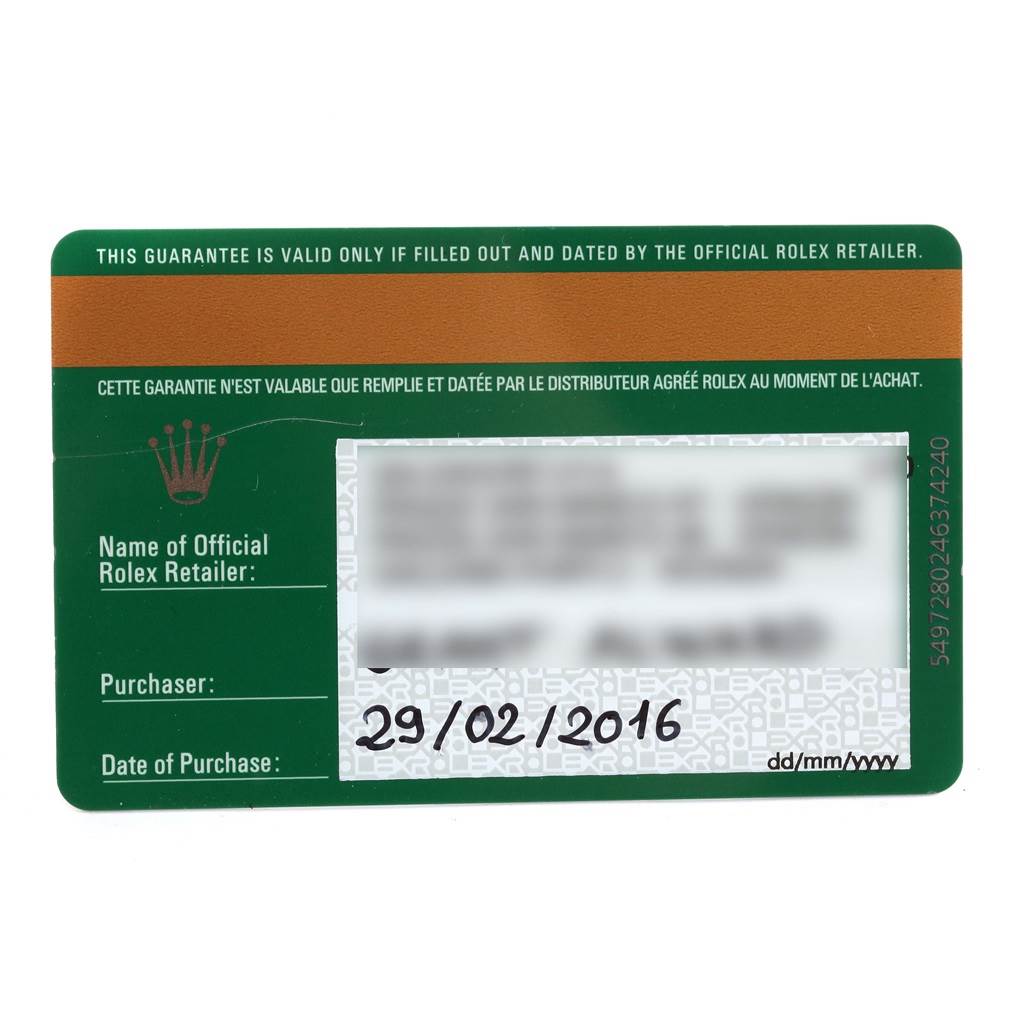 The image shows the guarantee card of a Rolex Sea-Dweller 116660 Men's Stainless Steel Blue Dial 116660 Men's Stainless Steel Blue Dial watch, featuring purchase information and retailer details.