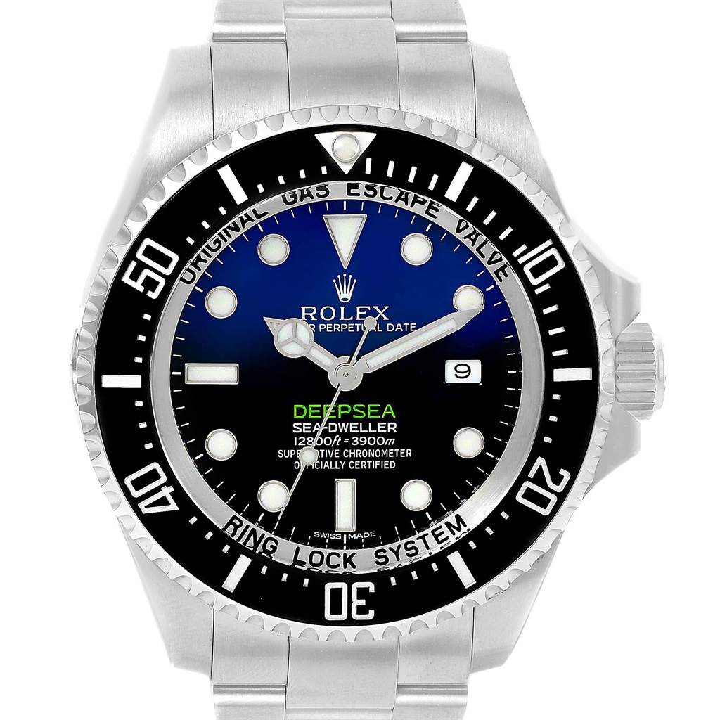 The image shows a frontal view of a Rolex Sea-Dweller 116660 Men's Stainless Steel Blue Dial 116660 Men's Stainless Steel Blue Dial Deepsea watch, highlighting the dial, bezel, and part of the bracelet.