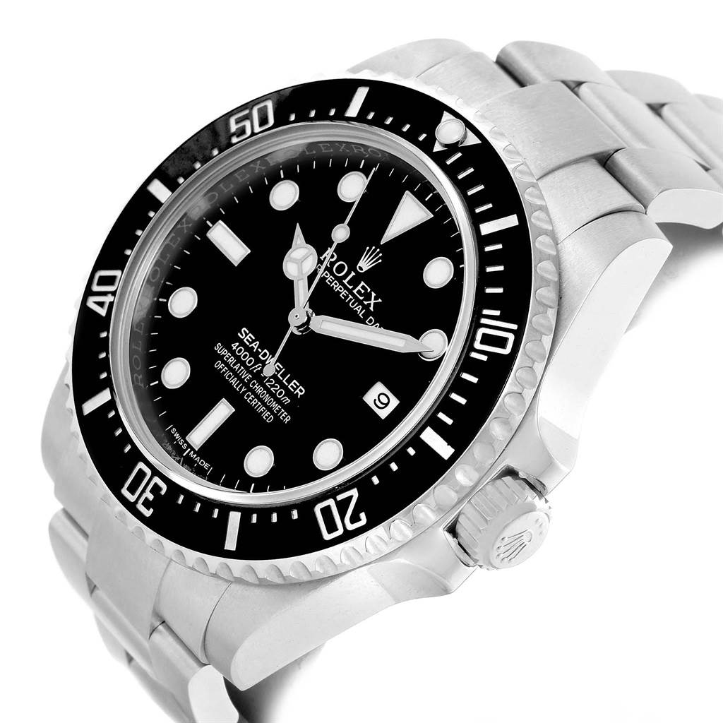 The Rolex Sea-Dweller 116600 Men's Stainless Steel Black Dial 116600 Men's Stainless Steel Black Dial watch is shown from an angled front view, highlighting the face, bezel, crown, and part of the bracelet.